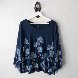 Alfani Blue Floral Embroidered Blouse Women’s Large | Sheer Bell Sleeve Boho Top